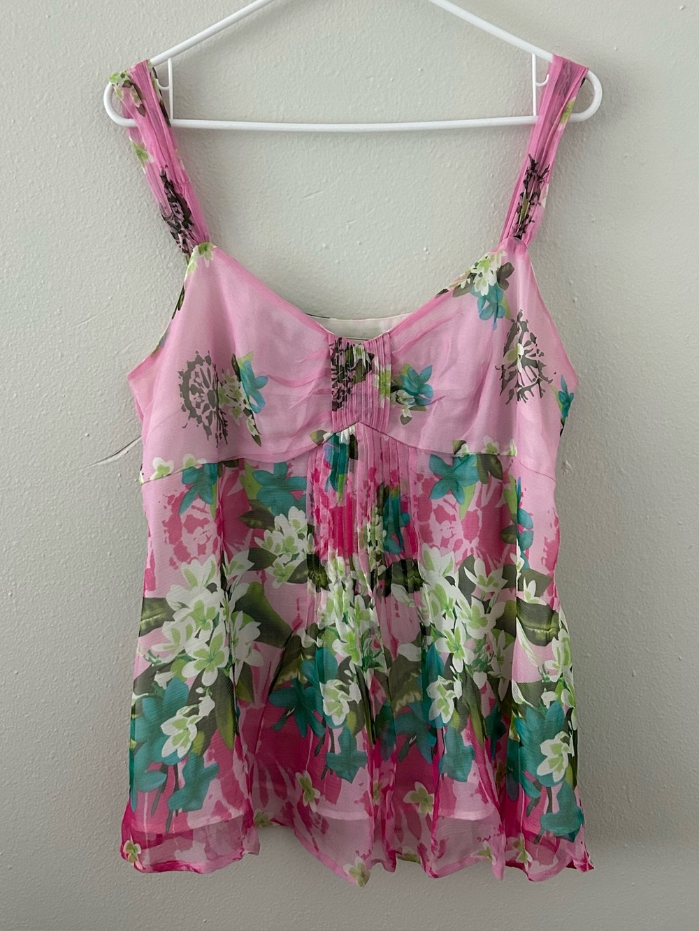 Y2K Kiko Bay 100% Silk Pink Floral Pleated Babydoll Tank Top Women’s XL Fairy